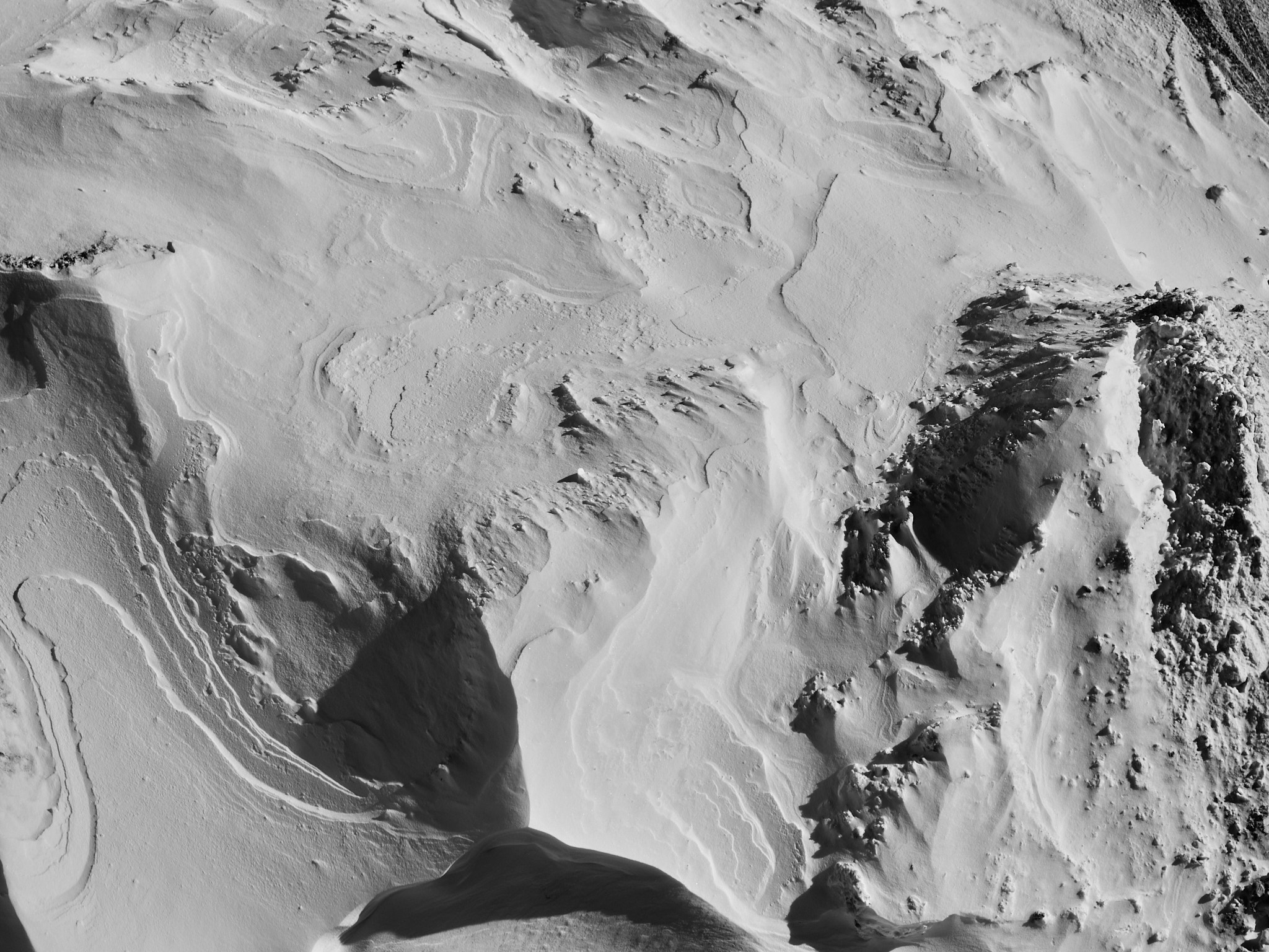 Soft wind-sculpted snow surface in low raking light